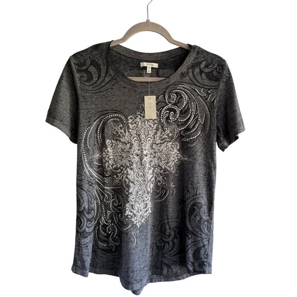 Maurices Gray Rhinestone Cross Graphic Tee Women’s Medium NWT Y2K Style - Picture 2 of 6